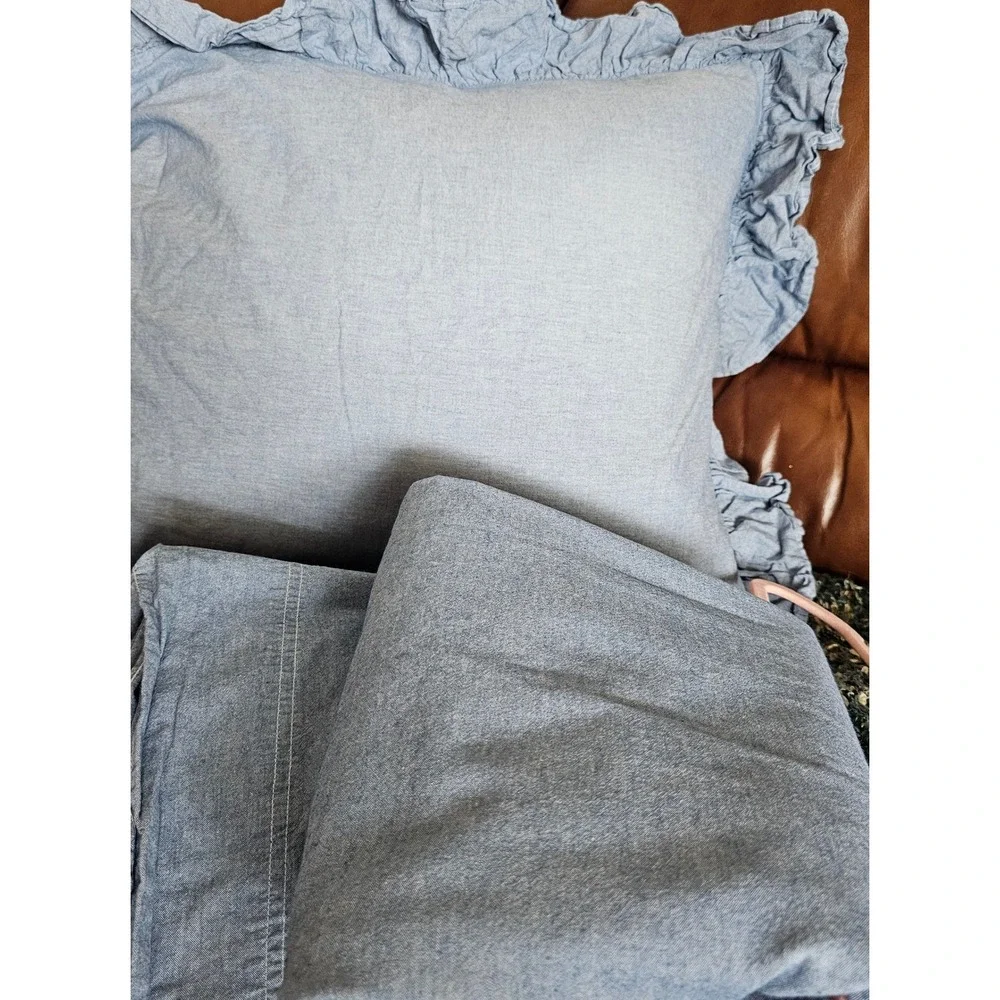 Ralph Lauren Blue Chambray Ruffle Euro Sham /Flat Sheet Set Cotton USA Queen